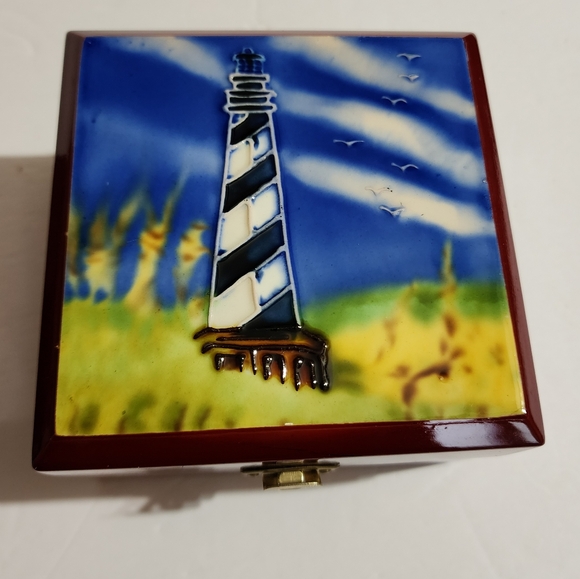 2 Nautical Wood Enameled Accent Boxes Jewelry Lighthouse Sailboat Ocean 4.5" EUC - Picture 2 of 7
